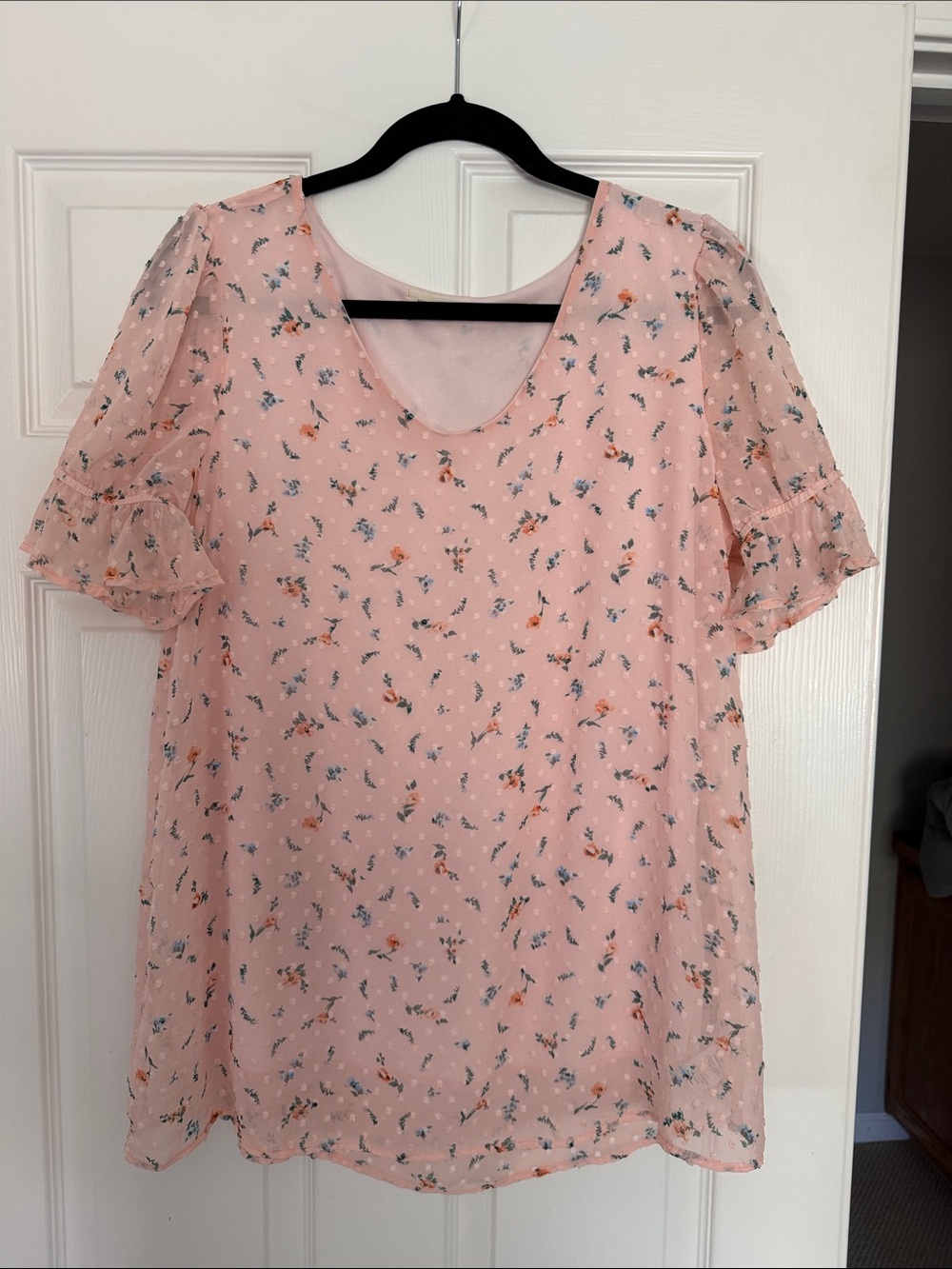 Light Pink Floral Ruffle-Sleeve Blouse